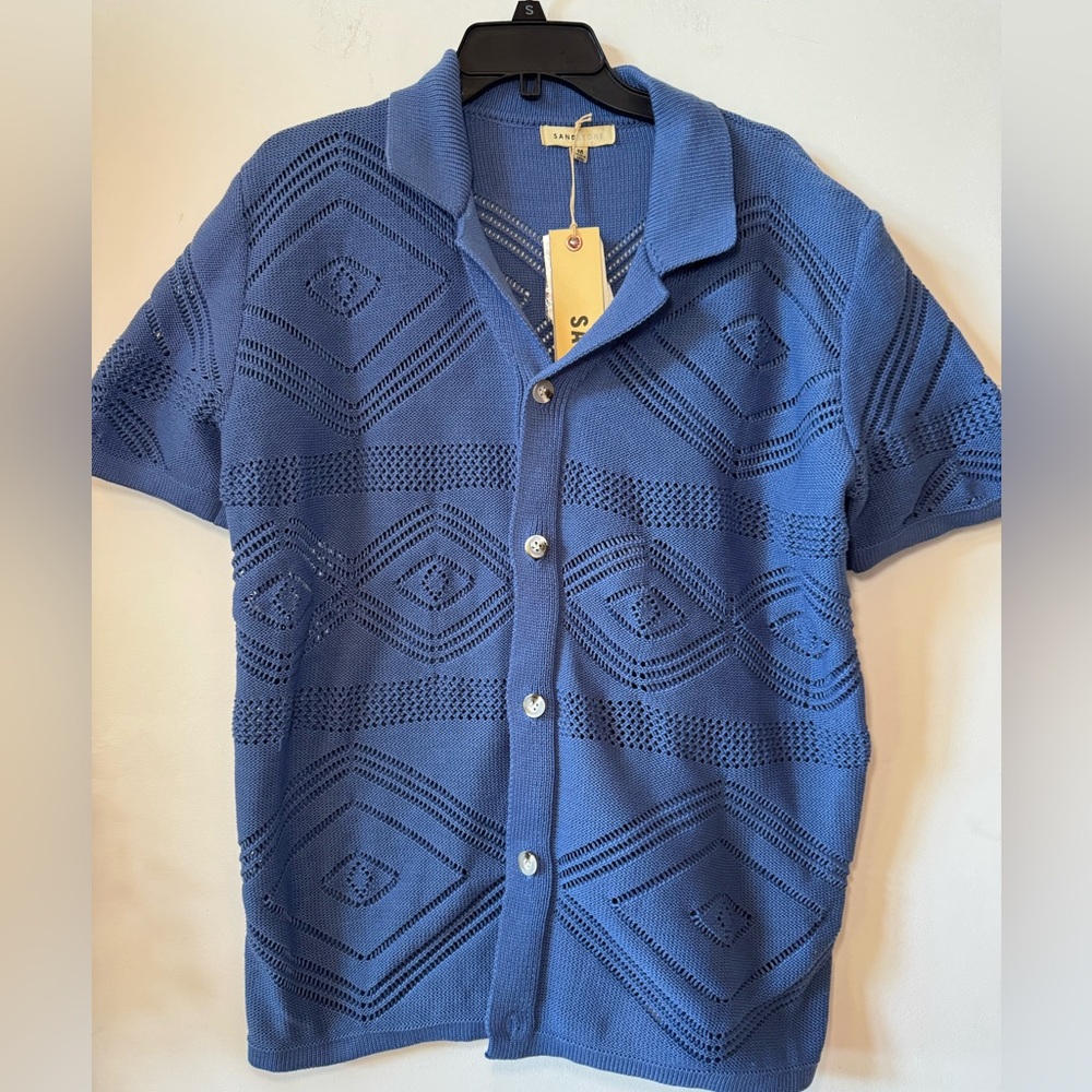 NWT Sandstone Blue Knitted Button Down Sweater Shirt Sz Medium